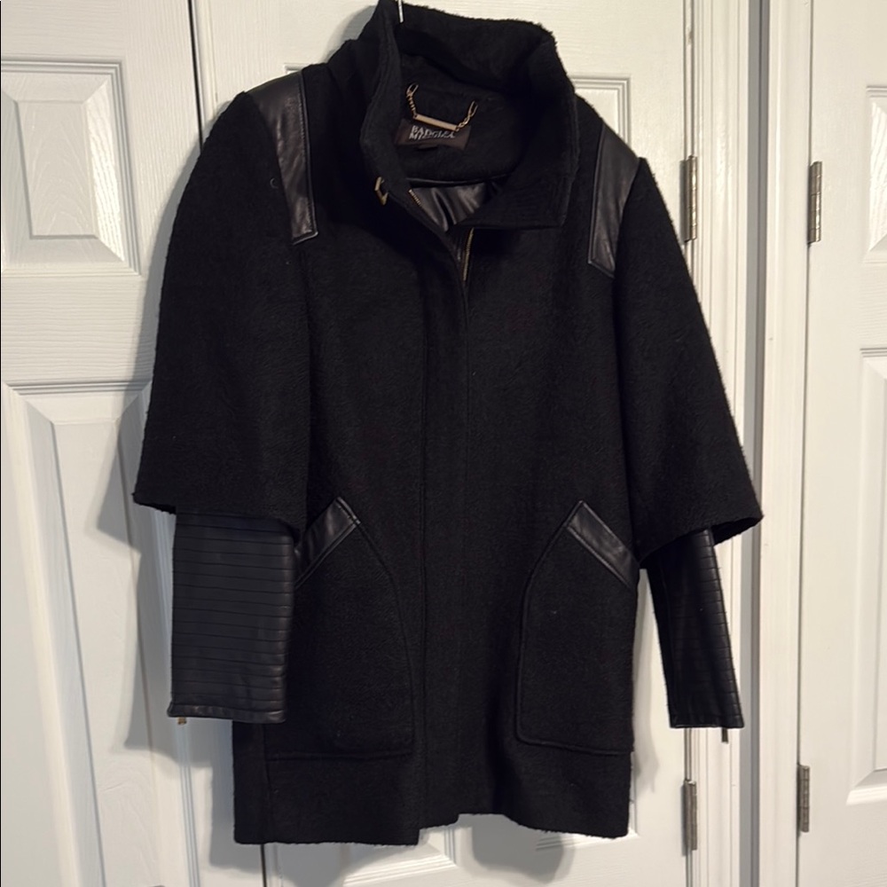 Badgely Mischka Black Wool Coat with Leather Accents